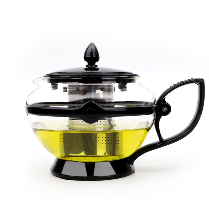 2021 New Design Plastic Holder Stainless Steel Filter Glass Teapot
